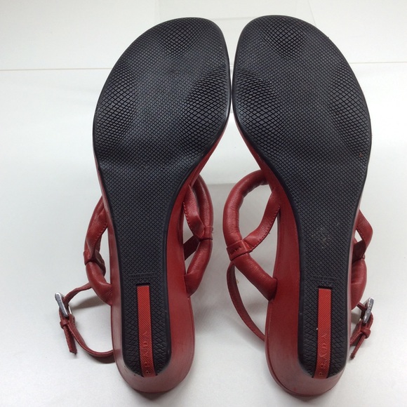 PRADA RED LEATHER WEDGE SANDALS - Picture 10 of 14